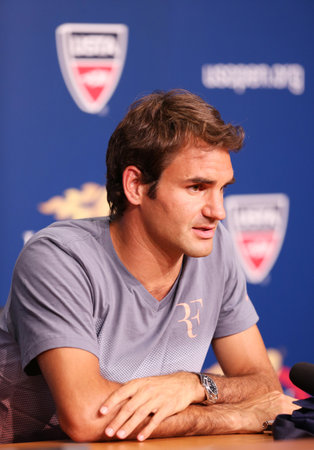 FLUSHING, NY - AUGUST 24  Seventeen times Grand Slam champion Roger Federer during press conference at Billie Jean King National Tennis Center on August 24, 2013 in Flushing, NYのeditorial素材