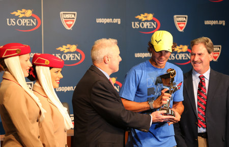 FLUSHING, NY - AUGUST 24  Twelve times Grand Slam champion Rafael Nadal during 2013 Emirates Airline US Open Series trophy presentation at Billie Jean King National Tennis Center on August 24, 2013 in Flushing, NYのeditorial素材