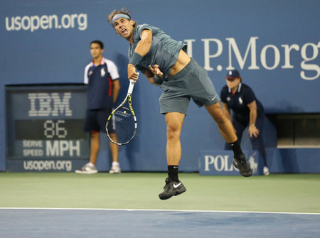 FLUSHING, NY - AUGUST 29  Twelve times Grand Slam champion Rafael Nadal during his second round match at US Open 2013 against Rogerio Dutra Silva at Arthur Ashe Stadium on August 29, 2013 in Flushing, NYのeditorial素材
