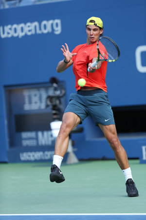 FLUSHING, NY - AUGUST 29  Twelve times Grand Slam champion Rafael Nadal practices for US Open 2013 at Arthur Ashe Stadium at Billie Jean King National Tennis Center on August 29, 2013 in Flushing, NYのeditorial素材
