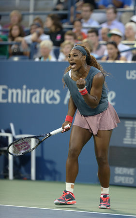 FLUSHING, NY - AUGUST 29   Sixteen times Grand Slam champion Serena Williams during her first round doubles match with teammate Venus Williams at US Open 2013  at Billie Jean King National Tennis Center on August 29, 2013 in Flushing, NYのeditorial素材