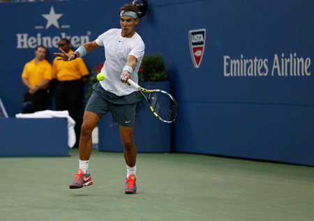 FLUSHING, NY - SEPTEMBER 7  Twelve times Grand Slam champion Rafael Nadal during his semifinal match at US Open 2013 against Richard Gasquet at Arthur Ashe Stadium on September 7, 2013 in Flushing, NYのeditorial素材