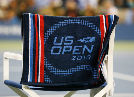 FLUSHING, NY - SEPTEMBER 5  US Open 2013 official towel on player chair at the Arthur Ashe Stadium on September 5, 2013 in Flushing, NY  のeditorial素材