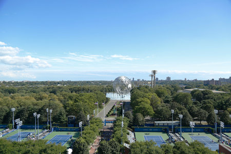 FLUSHING, NY - SEPTEMBER 5  Areal view of South gate and ground courts at USTA Billie Jean King National Tennis Center during US Open 2013 on September 5, 2013 in Flushing, NYのeditorial素材