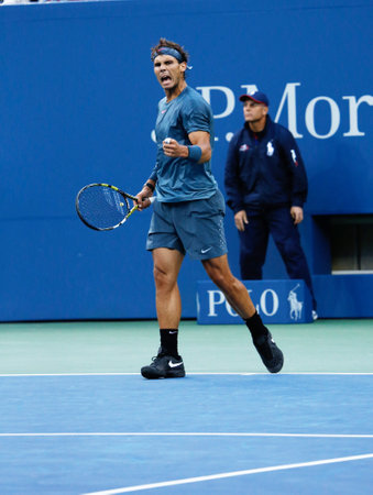 FLUSHING, NY - SEPTEMBER 9  US Open 2013 champion Rafael Nadal during his final match against Novak Djokovic at Billie Jean King National Tennis Center on September 9, 2013 in Flushing, NYのeditorial素材