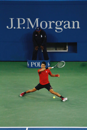FLUSHING, NY - SEPTEMBER 9  US Open 2013 finalist  Novak Djokovic during his final match against champion Rafael Nadal at Billie Jean King National Tennis Center on September 9, 2013 in Flushing, NYのeditorial素材