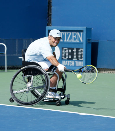 FLUSHING, NY - SEPTEMBER 5 Tennis player David Wagner from USA during his US Open 2013 wheelchair quad singles match at Billie Jean King National Tennis Center on September 5, 2013 in Flushing, NYのeditorial素材