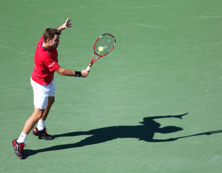 FLUSHING, NY - SEPTEMBER 5    Professional tennis player Stanislas Wawrinka during  quarterfinal match at US Open 2013 against Andy Murray at Billie Jean King National Tennis Center on September 5, 2013 in Flushing, NYのeditorial素材