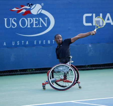 FLUSHING, NY - SEPTEMBER 8 Tennis player Lucas Sithole from South Africa during US Open 2013 wheelchair quad singles match at Billie Jean King National Tennis Center on September 8, 2013 in Flushingのeditorial素材