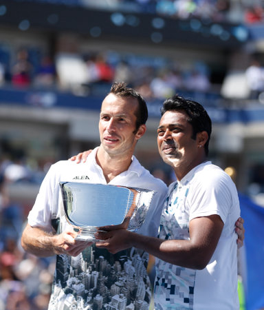 FLUSHING, NY - SEPTEMBER 8  US Open 2013 men doubles champions Radek Stepanek from Czech Republic and Leander Paes from India during trophy presentation at Billie Jean King National Tennis Center on September 8, 2013 in Flushing, NYのeditorial素材