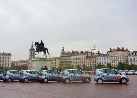 LYON, FRANCE - OCTOBER 10  Bluely electrical cars in Lyon on October 10, 2013  Bluely is the first full electric and open-access car sharing service in Lyon introduced to public in October 2013のeditorial素材