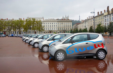 LYON, FRANCE - OCTOBER 10  Bluely electrical cars in Lyon on October 10, 2013  Bluely is the first full electric and open-access car sharing service in Lyon introduced to public in October 2013のeditorial素材