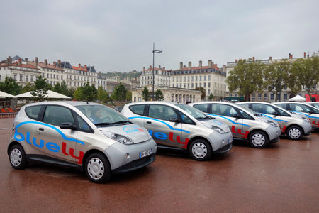 LYON, FRANCE - OCTOBER 10  Bluely electrical cars in Lyon on October 10, 2013  Bluely is the first full electric and open-access car sharing service in Lyon introduced to public in October 2013のeditorial素材