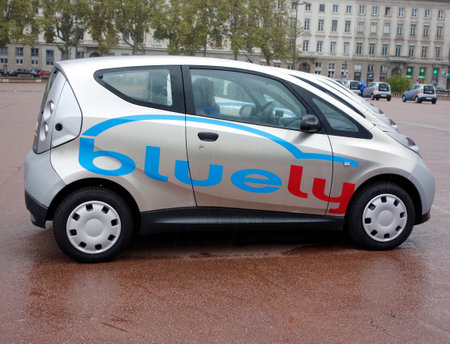 LYON, FRANCE - OCTOBER 10  Bluely electrical car in Lyon on October 10, 2013  Bluely is the first full electric and open-access car sharing service in Lyon introduced to public in October 2013のeditorial素材
