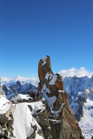 AUGUILLE DU MIDI, FRANCE -OCTOBER 9  Peak and observation point Rebuffat at the mountain top station of the Aiguille du Midi 3842 m in French Alps on October 9, 2013のeditorial素材