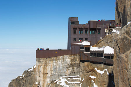 CHAMONIX, FRANCE - OCTOBER 9 Chamonix terrace overlooking Mont Blanc massif at the mountain top station of the Aiguille du Midi  3842 m  in French Alps on October 9, 2013 のeditorial素材