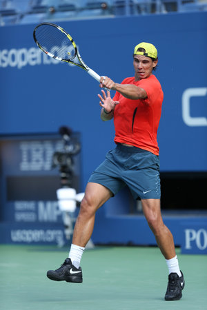 FLUSHING, NY - AUGUST 29    Twelve  times Grand Slam champion Rafael Nadal practices for US Open 2013 at Arthur Ashe Stadium  at Billie Jean King National Tennis Center on August 29, 2013 in Flushing, NYのeditorial素材