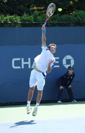 FLUSHING, NY - AUGUST 27  Professional tennis player Sergiy Stakhovsky from Ukraine during first round match at US Open 2013 against Jeremy Chardy at Billie Jean King National Tennis Center on August 27, 2013 in Flushing, NYのeditorial素材