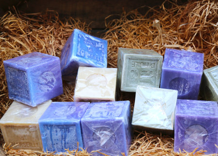 AVIGNON, FRANCE - OCTOBER 11   Natural soap bars in the basket in Avignon on October 13, 2013  Provence is a geographical region and historical province of southeastern France famous for agricultureのeditorial素材