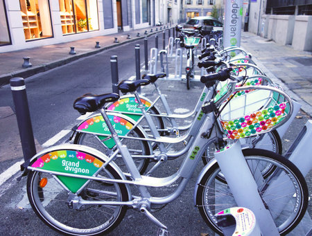 AGIGNON, FRANCE - OCTOBER 11  Velopop bicycle sharing station in Avignon on October 11, 2013  Velopop is a bike sharing scheme in Avignon launched in July 2009 with 200 bicycles and 17 stationsのeditorial素材