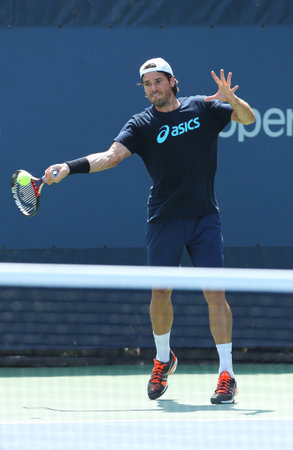 NEW YORK - AUGUST 29  Professional tennis player Tommy Haas from Germany  practices for US Open 2013 at Billie Jean King National Tennis Center on August 29, 2013 in New Yorkのeditorial素材