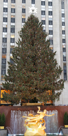 NEW YORK - DECEMBER 19  Rockefeller Center Christmas Tree and statue of Prometheus at the Lower Plaza of Rockefeller Center in Midtown Manhattan on December 19, 2013  のeditorial素材