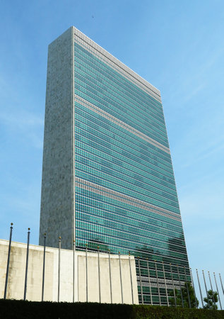 NEW YORK CITY - JUNE 27  The United Nations building in Manhattan on June 27, 2013 in New York  The complex has served as the official headquarters of the United Nations since its completion in 1952 のeditorial素材