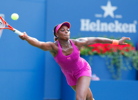 NEW YORK - SEPTEMBER 1  Professional tennis player Sloane Stephens during fourth  round match at US Open 2013 against Serena Williams at Billie Jean King National Tennis Center on September 1, 2013 in New Yorkのeditorial素材