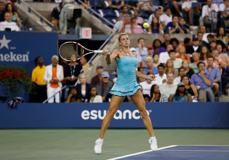 NEW YORK - AUGUST 31 Professional tennis player Camila Giorgi during third round match at US Open 2013 against Caroline Wozniacki at Billie Jean King National Tennis Center on August 31, 2013 in New Yorkのeditorial素材