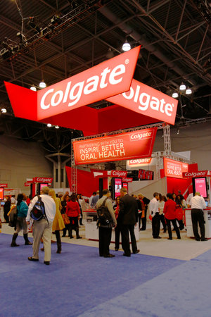NEW YORK - DECEMBER 2 Colgate booth at the Greater NY Dental Meeting in New York on December 2, 2013  Colgate is an oral hygiene product line of toothpastes, toothbrushes, mouthwashes and dental flossのeditorial素材
