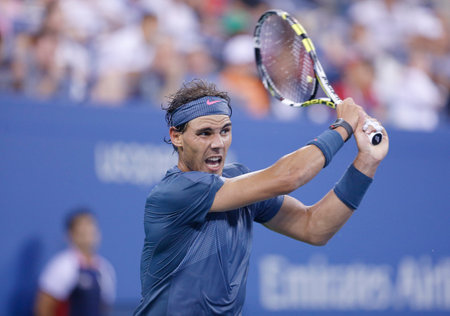 NEW YORK- SEPTEMBER 2  Twelve times Grand Slam champion Rafael Nadal during his fourth round match at US Open 2013 against Philipp Kohlschreiber at Arthur Ashe Stadium on September 2, 2013 in New Yorkのeditorial素材