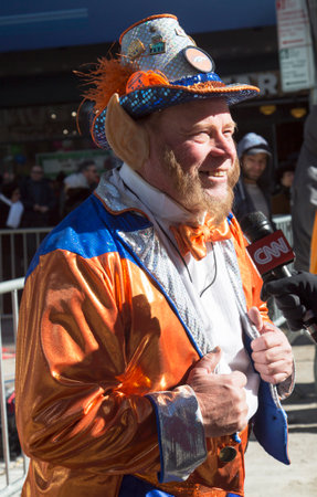 NEW YORK - JANUARY 30  Unidentified Denver Broncos fan during interview with CNN on Broadway during Super Bowl XLVIII week in Manhattan on January 30, 2014 のeditorial素材