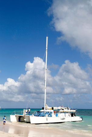 PUNTA CANA, DOMINICAN REPUBLIC - JANUARY 3  Yacht at the Bavaro Beach in Punta Cana on January 3, 2014  The Dominican Republic is the most visited destination in the Caribbean のeditorial素材