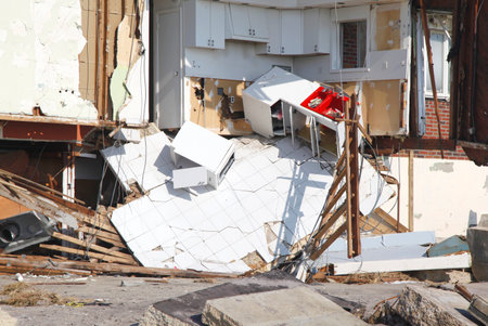 FAR ROCKAWAY, NY - NOVEMBER 11  Destroyed beach house in the aftermath of Hurricane Sandy on November 11, 2012 in Far Rockaway, NY  Image taken 12 days after Superstorm Sandy hit New Yorkのeditorial素材
