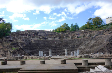 LYON, FRANCE- OCTOBER 10 The Roman-era Theater on the Fourviere Hill in Lyon on October 10, 2013 The Roman theatre is a Roman ancient structure built next to the hill of Fourviere around 15 BCのeditorial素材