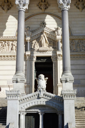 LYON, FRANCE- OCTOBER 10 Entrance to the Basilica of Notre-Dame de Fourviere in Lyon on October 10, 2013  The Basilica of Notre-Dame de Fourviere is minor basilica in Lyon built between 1872 and 1884 のeditorial素材