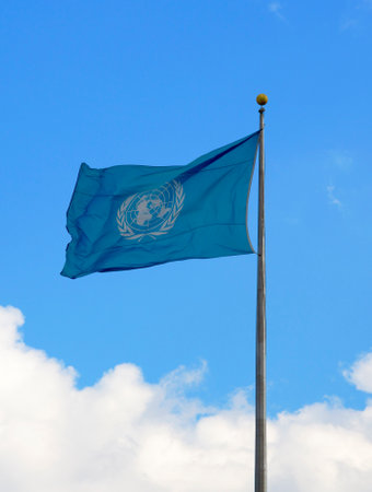 NEW YORK CITY - MARCH 20  United Nations Flag in the front of UN Headquarter in New York on March 20, 2014のeditorial素材