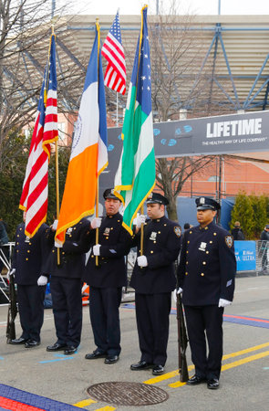 NEW YORK - MARCH 22 The Color Guard of the New York Police Department during the opening ceremony of the Michelob ULTRA New York 13 1 Marathon run in Flushing Meadows Corona Park on March 22, 2014のeditorial素材