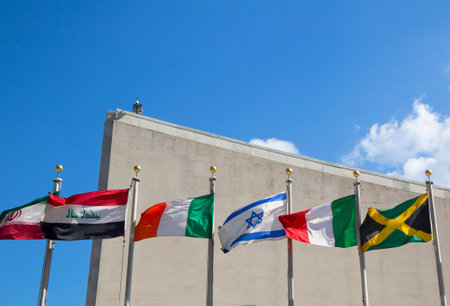 NEW YORK CITY - MARCH 20  International Flags in the front of United Nations Headquarter in New York on March 20, 2014 のeditorial素材