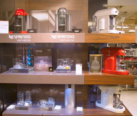 NEW YORK - APRIL1  Variety of Coffee and Espresso machines in Nespresso store in New York on April 1, 2014  Nespresso is an operating unit of the Nestle Group based in Lausanne, Switzerlandのeditorial素材