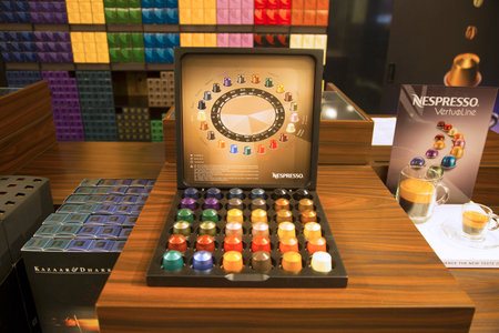 NEW YORK - APRIL1  Variety of coffee capsules in Nespresso store in New York on April 1, 2014  Nespresso is an operating unit of the Nestle Group based in Lausanne, Switzerlandのeditorial素材