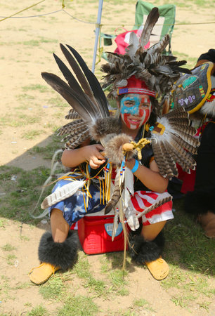 BROOKLYN, NEW YORK - JUNE 2 Unidentified young Native American dancer at the NYC Pow Wow in Brooklyn...
