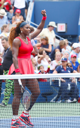 NEW YORK- SEPTEMBER 1  Grand Slam champion Serena Williams celebrates victory after fourth round match at US Open 2013 against Sloane Stephens at Billie Jean King National Tennis Center on September 1, 2013 in New Yorkのeditorial素材