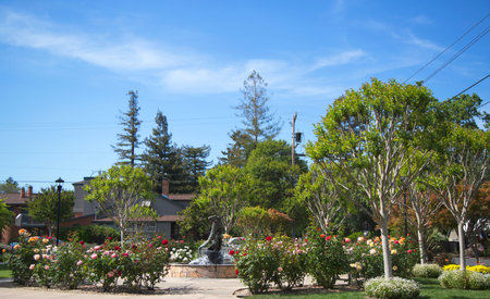 YOUNTVILLE - APRIL 16  Van De Leur Park with Firefighters Monument in Yountville on April 16, 2014  Town of Yountville noted destination for gourmet diners and has four Michelin starred restaurants のeditorial素材