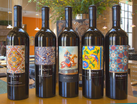 NAPA VALLEY, CA - APRIL 16 Wine choices at tasting room at Darioush Winery in Napa Valley on April 16, 2014  Darioush winery, the first in America to combine architecture, design and Persian culture のeditorial素材