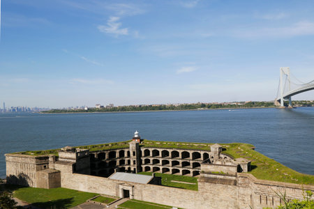 NEW YORK  - JUNE 1  Fort Wadsworth in the front of Verrazano Bridge in New York on June 1, 2014  Fort Wadsworth is a former United States military installation on Staten Island in New York Cityのeditorial素材