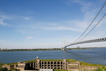 NEW YORK  - JUNE 1  Fort Wadsworth in the front of Verrazano Bridge in New York on June 1, 2014  Fort Wadsworth is a former United States military installation on Staten Island in New York Cityのeditorial素材