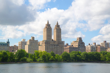 NEW YORK - JUNE 5  Eldorado Building and Jacqueline Kennedy Onassis Reservoir with Manhattan skyline on June 5, 2014のeditorial素材