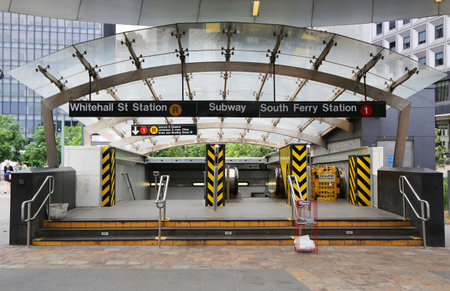 NEW YORK CITY - JUNE 24   Whitehall Street and South Ferry subway entrance in Manhattan on June 24, 2014  Owned by the NYC Transit Authority, the subway system has 469 stations in operation のeditorial素材