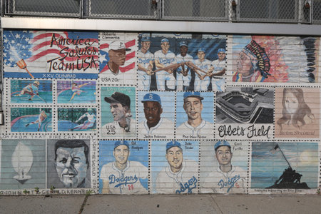 NEW YORK - JUNE 28  Mural in Brooklyn on June 28, 2014  A mural is any piece of artwork painted or applied directly on a wall, ceiling or other large permanent surfaceのeditorial素材